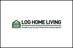Logo for Log Home Living with a green log cabin icon to the left. Text reads: LOG HOME LIVING. Brought to you by Log & Timber Home Living magazine. White background, black border.