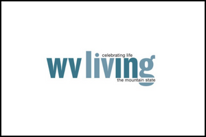 Logo for wv living magazine with the tagline celebrating life the mountain state in blue lowercase letters on a white background.