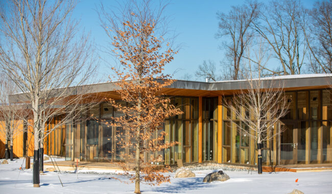 A modern building with wooden and glass exterior stands behind leafless trees and a tree with brown leaves, surrounded by snow and rocks on a clear, sunny winter day.