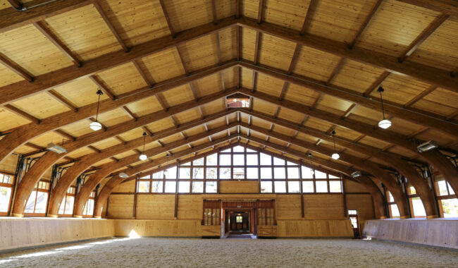 Spacious indoor riding arena with high wooden-beam ceiling, large windows letting in natural light, sand-covered ground, and wooden walls. The far end features a central doorway and symmetrical window panels.