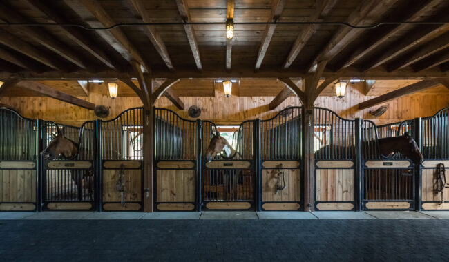A row of wooden horse stalls inside a stable, each with a horse standing inside. Warm overhead lighting illuminates the neatly constructed stalls and the horses heads are visible through the bars.