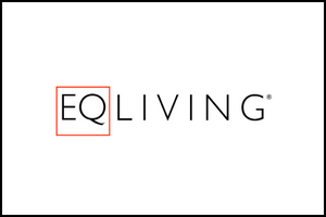 The image shows the logo for EQ Living. The letters EQ are enclosed in a thin red square, and the word LIVING is written in black uppercase letters to the right. The background is white.