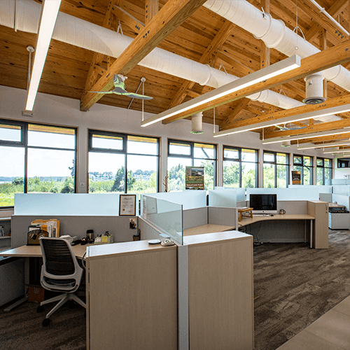 Modern office with wooden ceiling beams, large windows letting in natural light, and several empty cubicles arranged around the room. Desks have chairs, computers, and office supplies. Trees are visible outside.