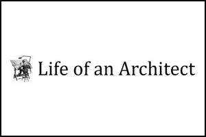 Black text reading Life of an Architect with a small illustration of a person working at a drafting table on the left side, on a white background.