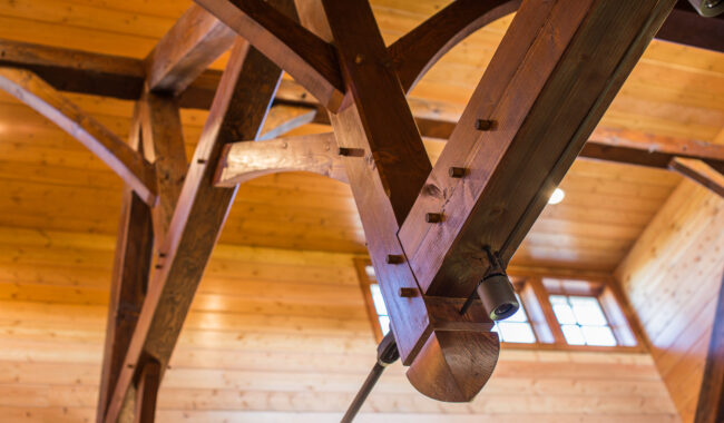 Exposed timber beams and wooden ceiling with track lighting in a sunlit room, featuring natural wood textures and a window letting in warm daylight.