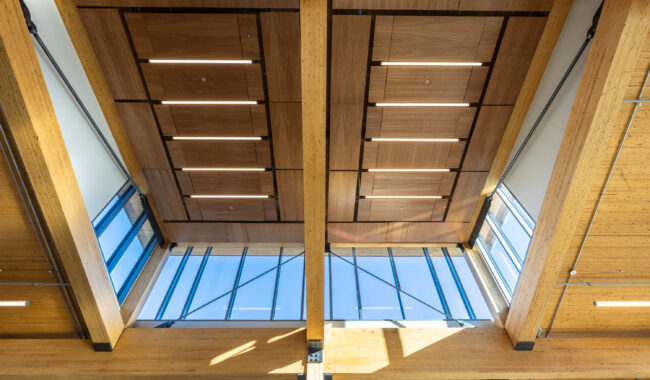 A view looking up at a modern wooden ceiling with large glass windows, natural light streaming in, and exposed beams and metal supports creating a geometric, open design.