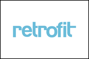 The image displays the word retrofit in lowercase, light blue letters on a white background.